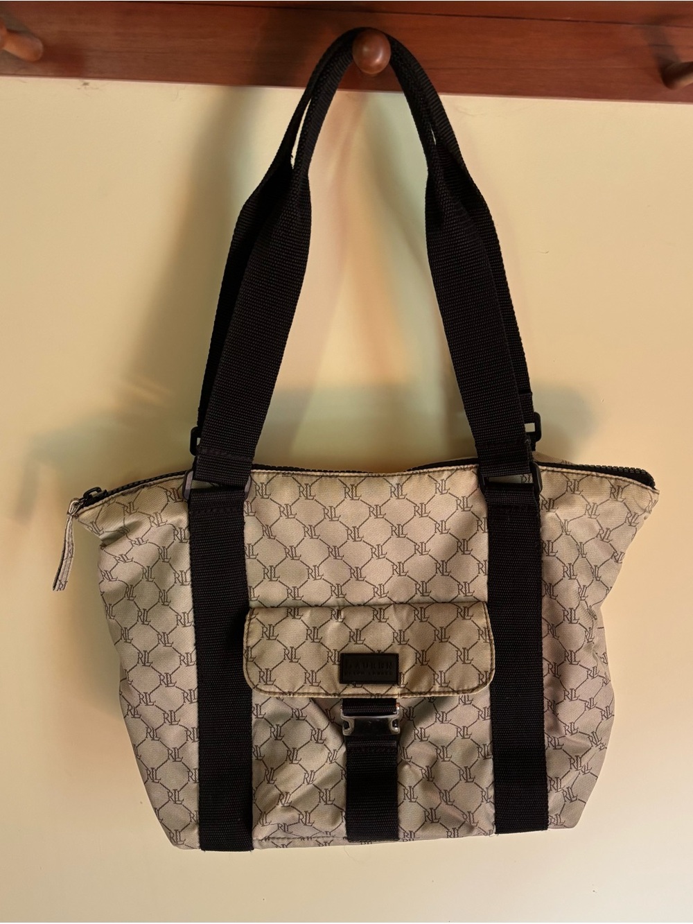 VTG Lauren Ralph Lauren Signature Monogram Tote Bag Gray Black Nylon Y2K Travel